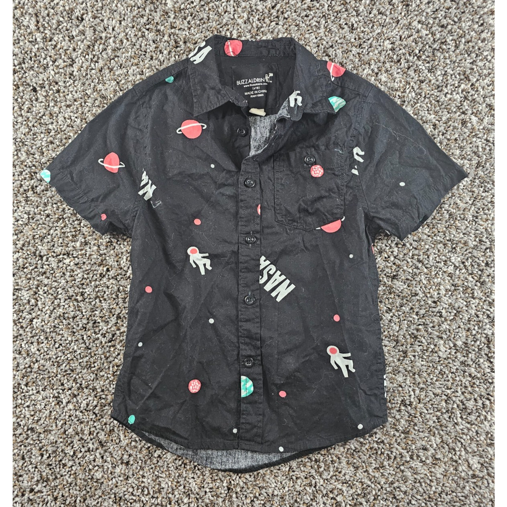 Buzz Aldrin Boys Sz M Short Sleeve Button Up Shirt Outer Space Planets Astronaut